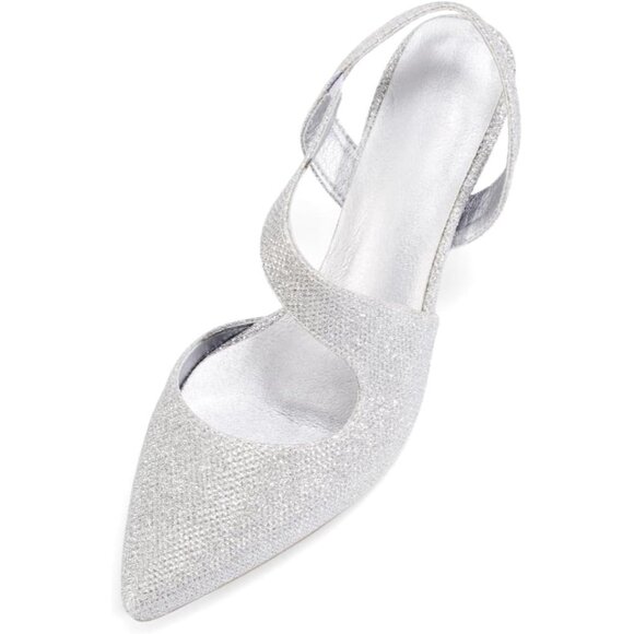 Rhinestone Kitten Silver Low Heel Sparkly Pumps for Women Dressy Wedding Shoes - Picture 8 of 9